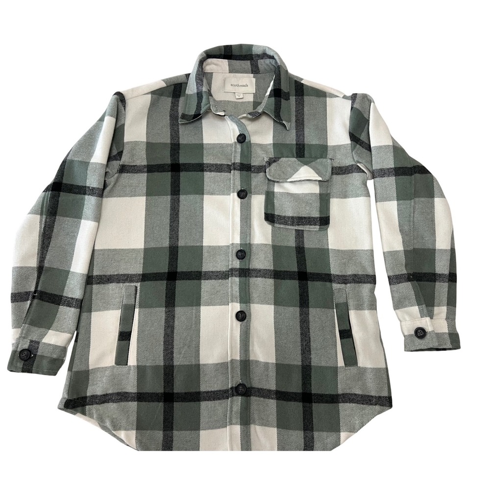Ecothreads Women's Plaid Shirt Jacket Green Black White Size Medium - Picture 2 of 10